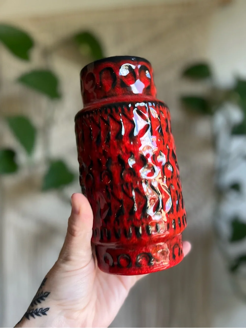 Vintage West Germany Red Lava Vase Mid Century Modern Pottery Fat Lava Ceramic